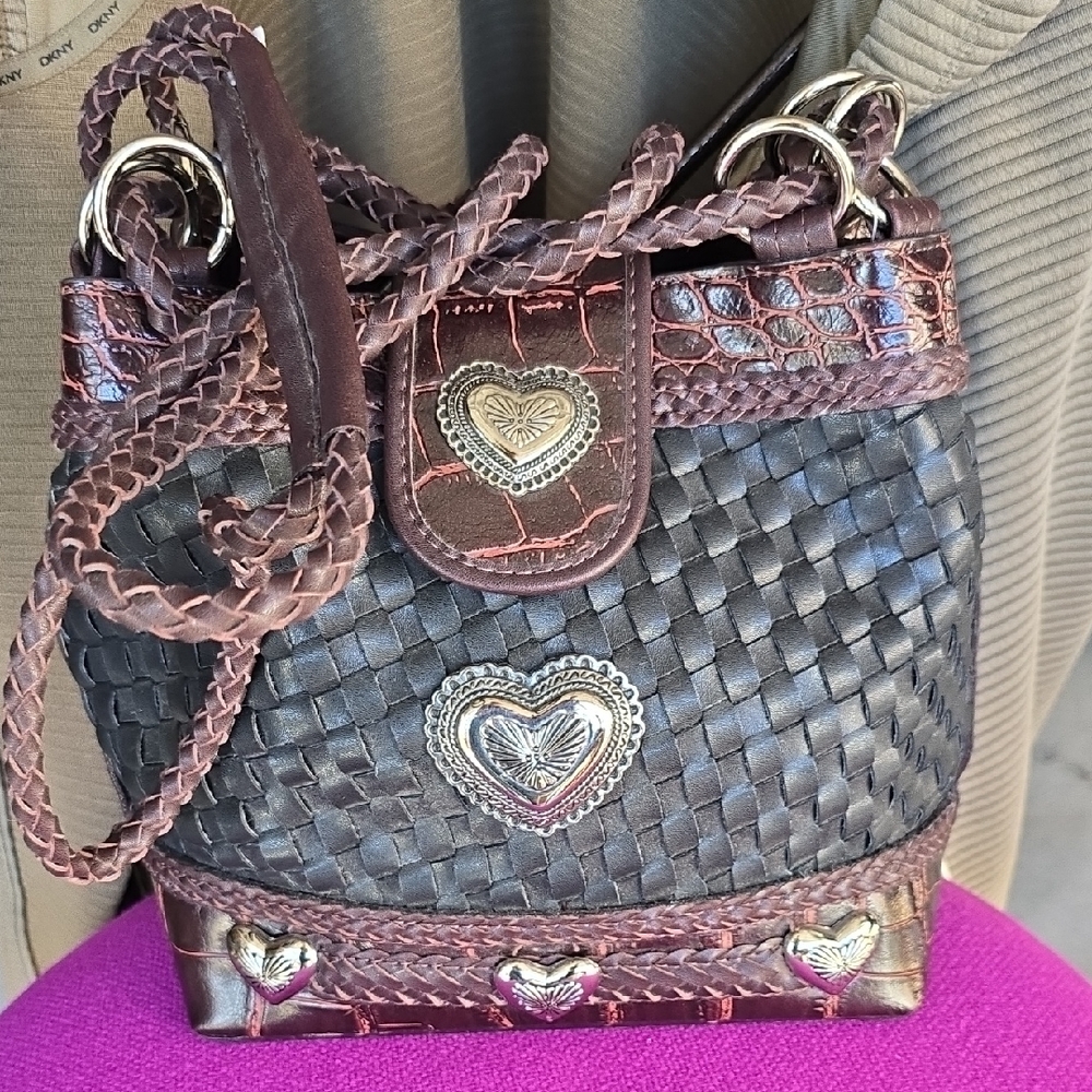 Black & Brown Woven Leather, Heart Accent, Women's Bucket Bag